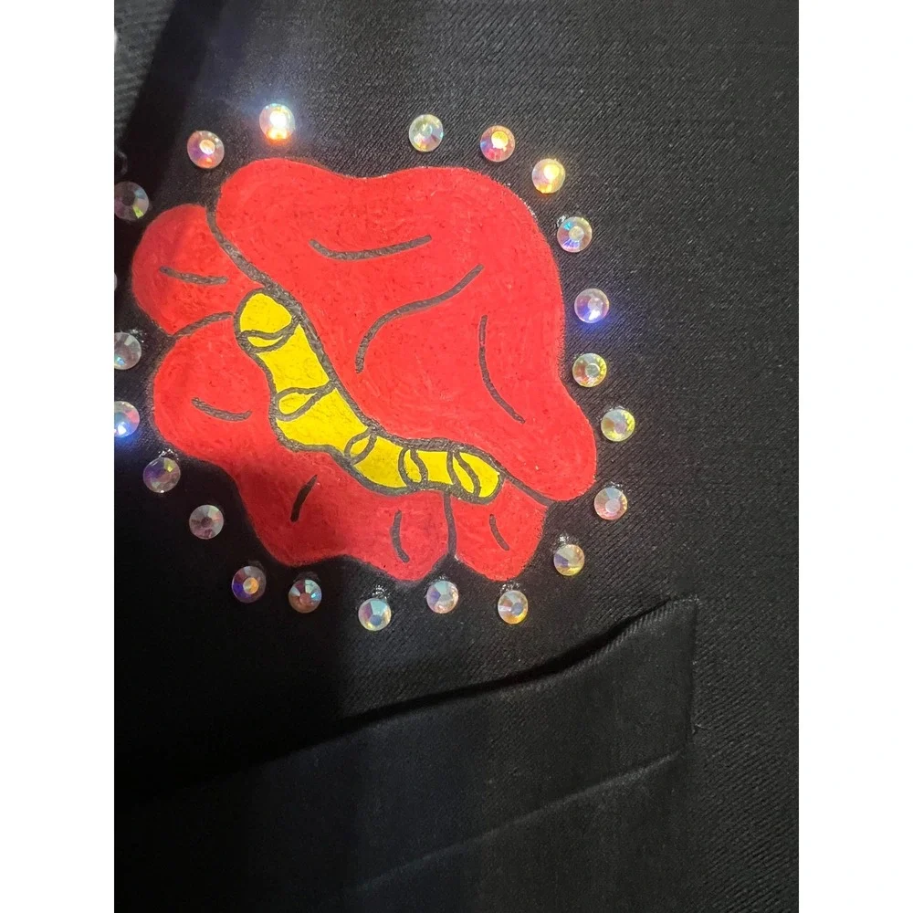OOAK Hand Painted Wool Blazer 44R Rhinestone Cannabis Cross Wearable Art